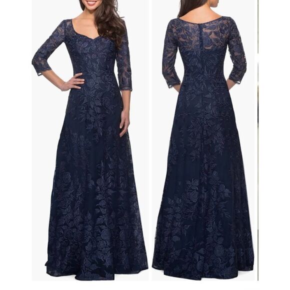 La Femme  28053 Floral Embroidered Mesh A-Line Gown 4 - Picture 1 of 5